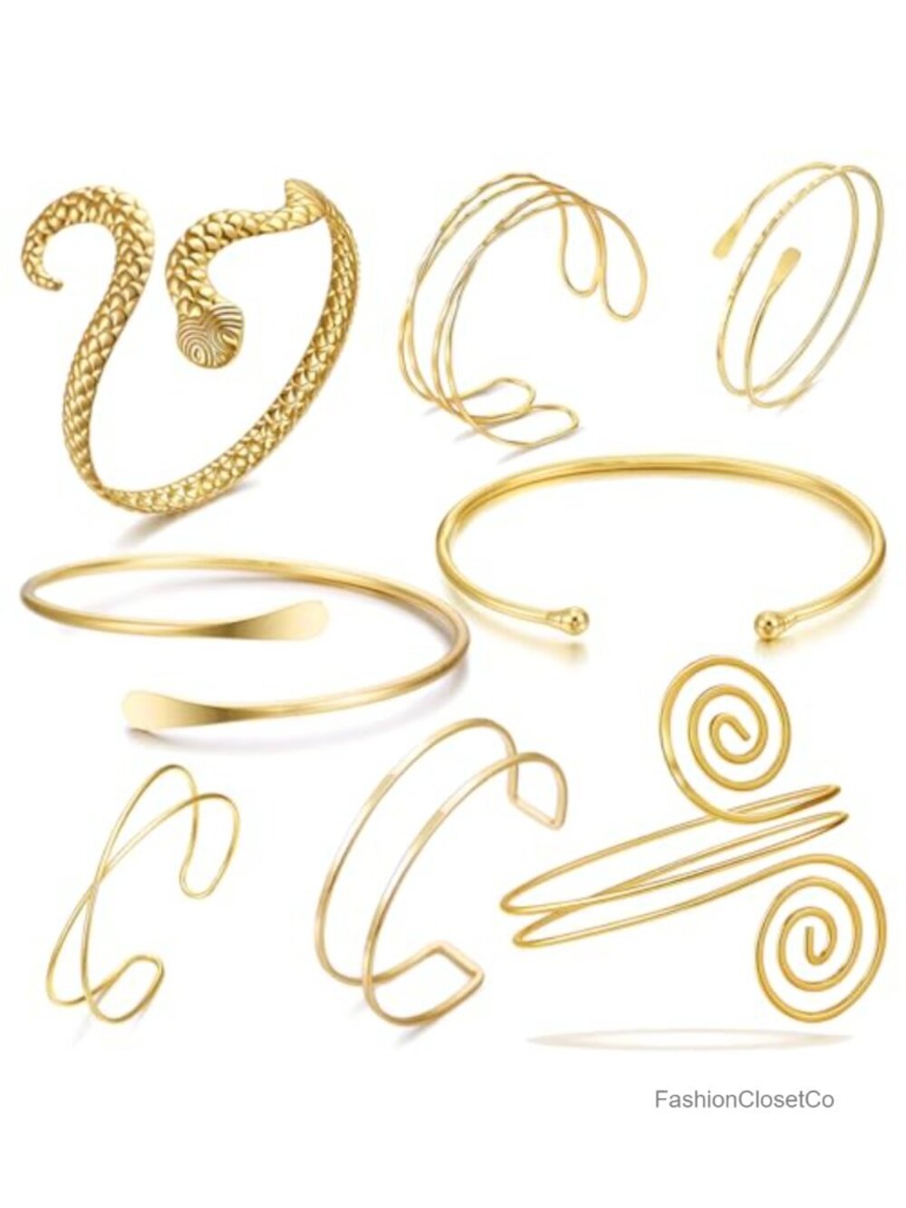 8pcs Gold Silver Arm Cuff Bracelet Set Adjustable Coil Swirl Armlet Stackable